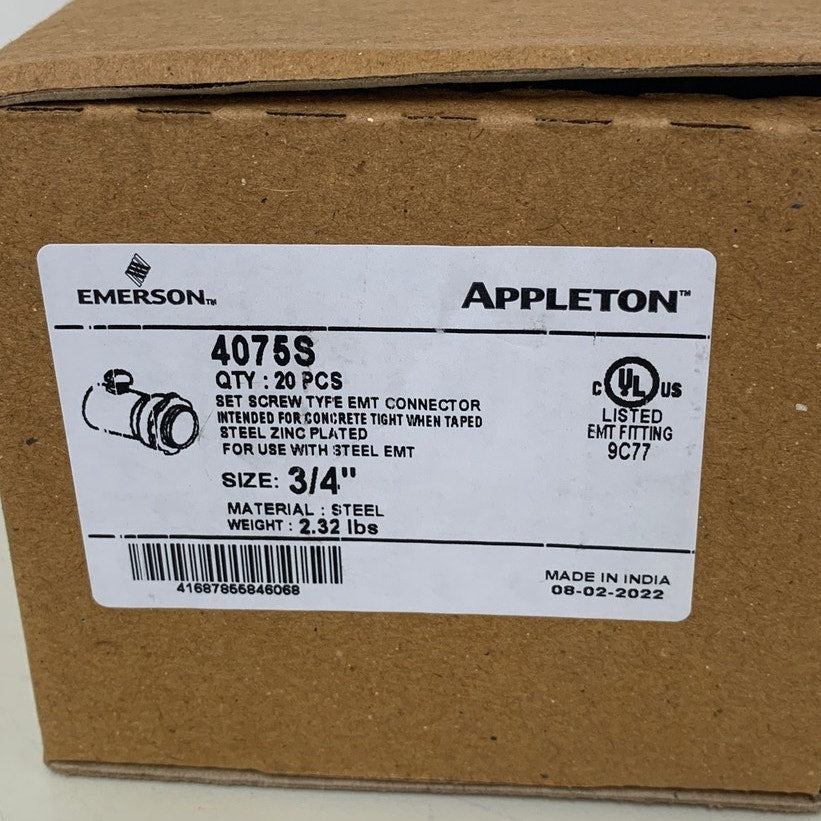 20 New Appleton 3/4" Screw Type 4075S Electrical Zinc Plated EMT Connectors