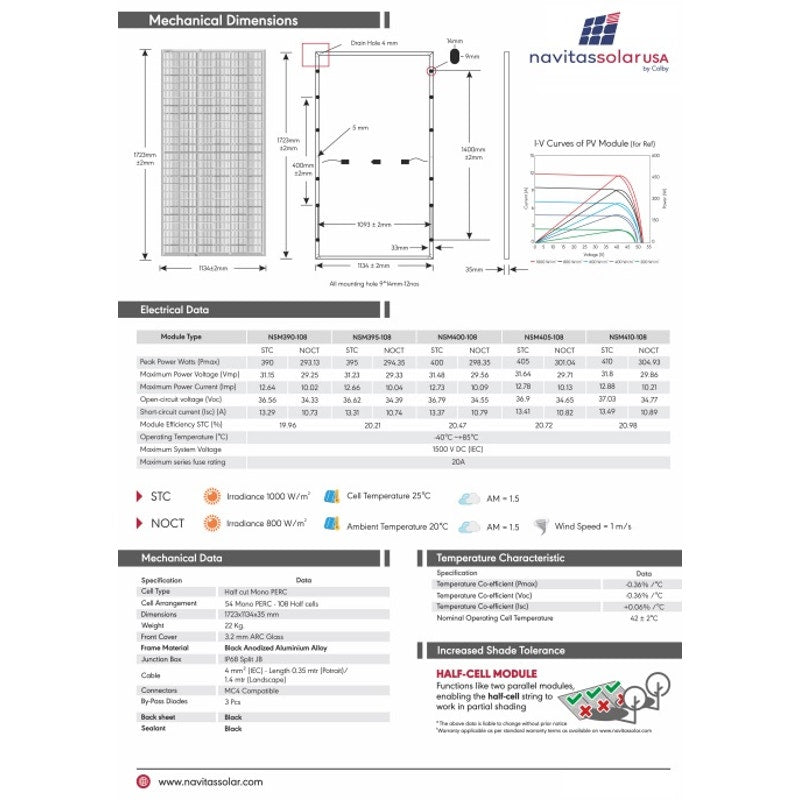 New Navitas 410W Bonito Max Black Mono PERC Half Cut Module 108 Cell Solar Panel